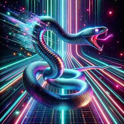 The primary subject of the image is a large, colorful snake. The snake is depicted in a digital art style, with its body and head filled with vibrant colors. The setting is a futuristic environment, featuring a neon-colored background that complements the snake's vivid appearance. The overall atmosphere of the image is energetic and visually striking, with the snake's vivid colors and the futuristic setting creating a captivating visual experience.